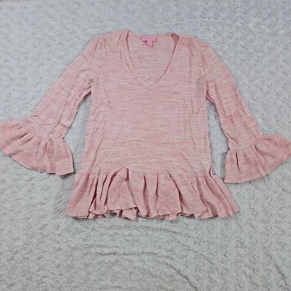 Lilly Pulitzer womens size XS Adelia Pink Coral Reef Sweater Ruffle Hem Sleeves